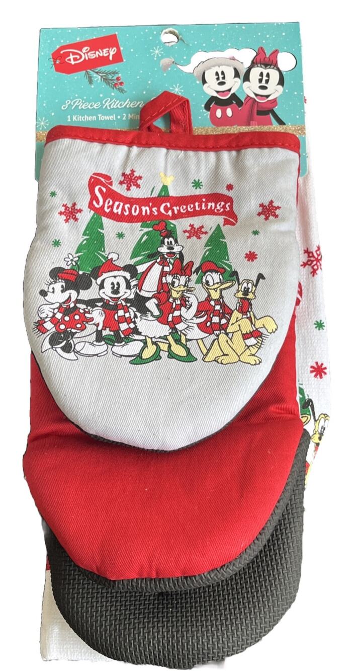 Disney Kitchen Christmas 3pc set Mickey & Minnie Mouse Oven Mitt and Towel New